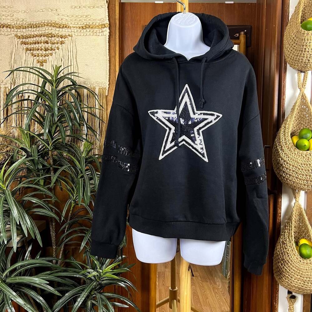Dallas Cowboys Cropped Hoodie Womens M Black Sequin Star NFL Cuce Sweatshirt